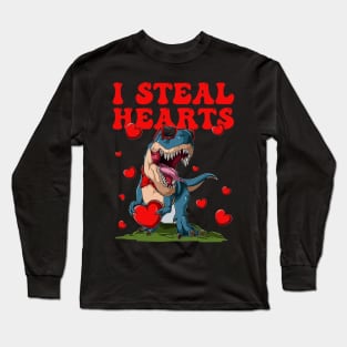 I Steal Hearts Valentines Day Cute Dinosaur Long Sleeve T-Shirt